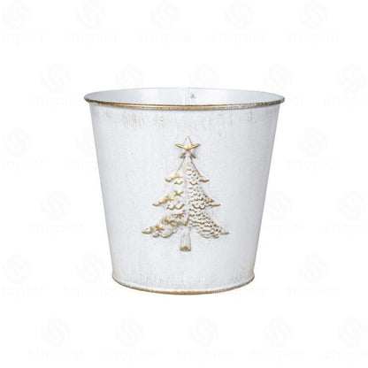 Christmas Metal Planter Collection | White & Gold Embossed Tree Tin Pail  Rustic Holiday Flower Pots