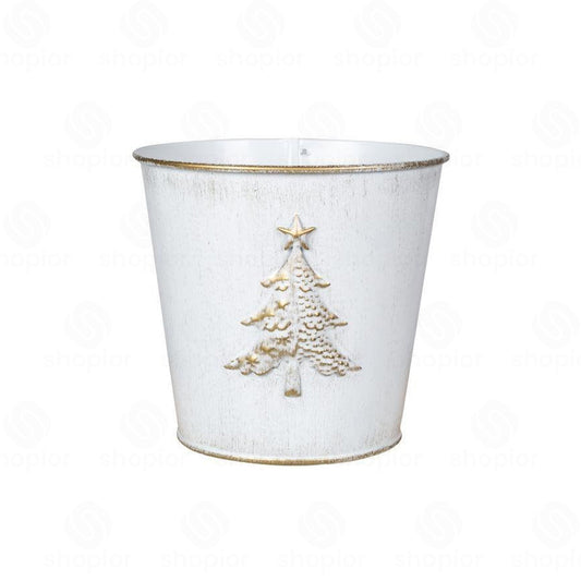 Christmas Metal Planter Collection | White & Gold Embossed Tree Tin Pail  Rustic Holiday Flower Pots