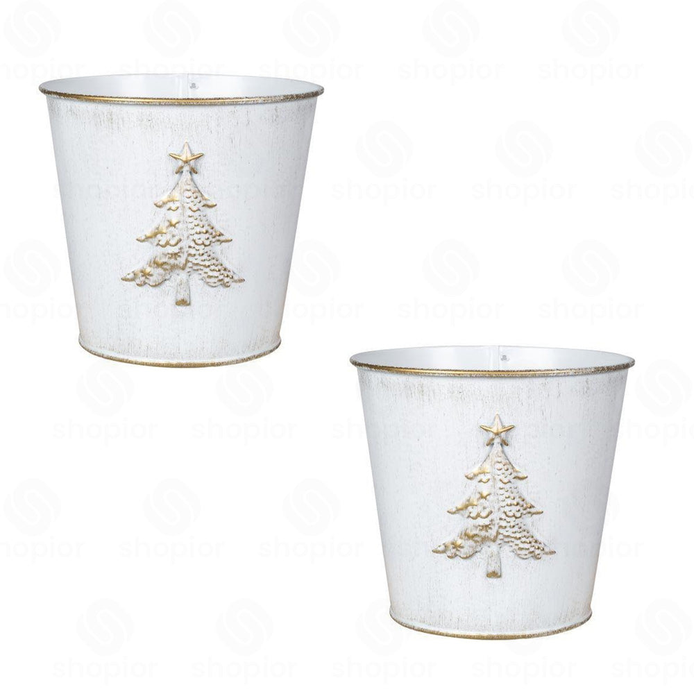 Christmas Metal Planter Collection | White & Gold Embossed Tree Tin Pail  Rustic Holiday Flower Pots