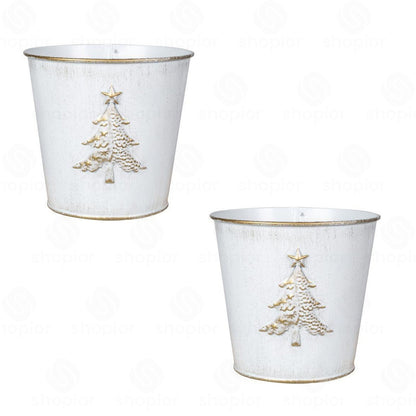 Christmas Metal Planter Collection | White & Gold Embossed Tree Tin Pail  Rustic Holiday Flower Pots