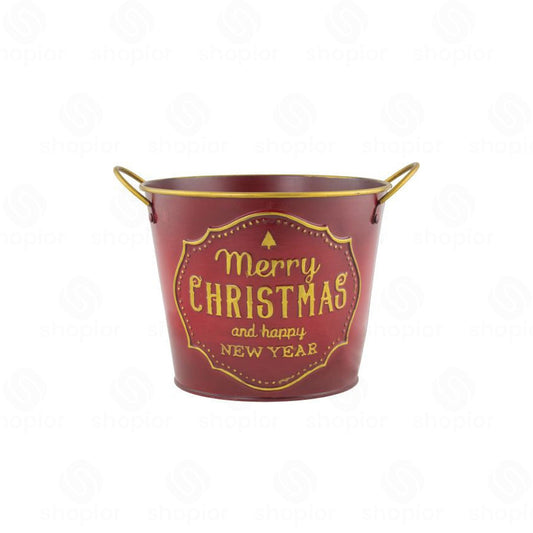 Merry Christmas Metal Tin Pail Planter 24cm | Red & Gold Festive Plant Pot