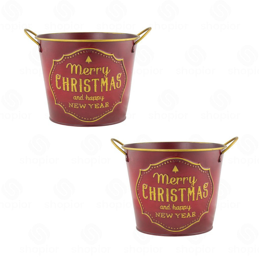 Merry Christmas Metal Tin Pail Planter 24cm | Red & Gold Festive Plant Pot
