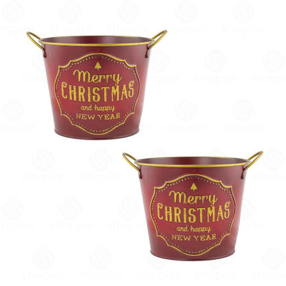 Merry Christmas Metal Tin Pail Planter 24cm | Red & Gold Festive Plant Pot