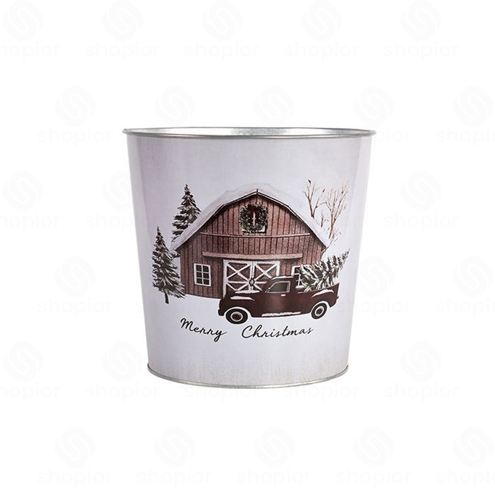 Merry Christmas Metal Planter Collection | Vintage Farmhouse Tin Pail & Tin Bowl | Festive Holiday Plant Pots