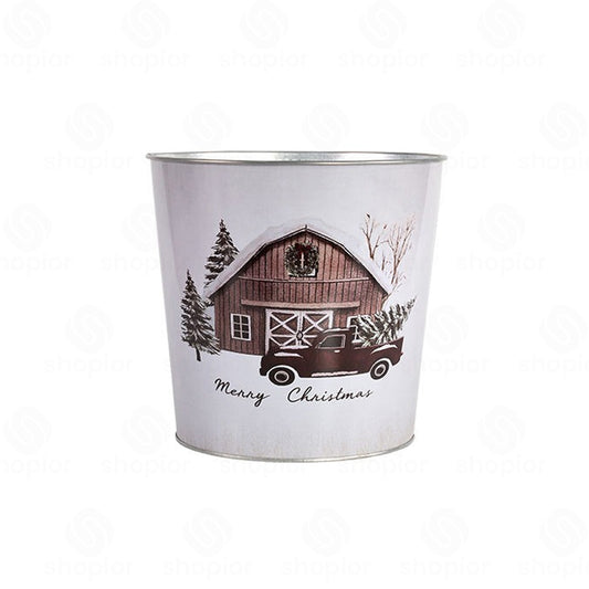 Merry Christmas Metal Planter Collection | Vintage Farmhouse Tin Pail & Tin Bowl | Festive Holiday Plant Pots