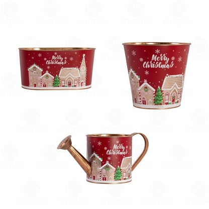 Merry Christmas Metal Planter Collection | Festive Tin Pail, Trough & Watering Planters