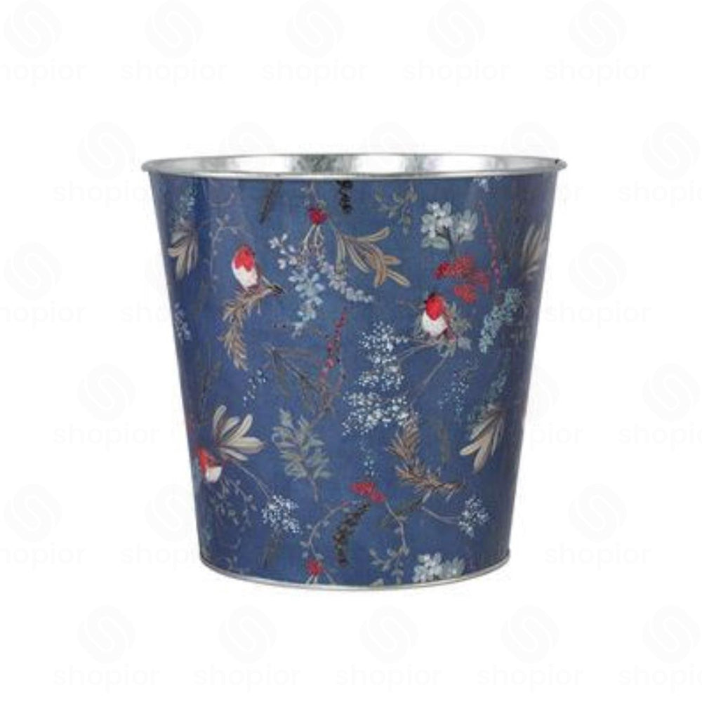 Christmas Robin Metal Planter Collection | Tin Pail, Bowl & Trough | White & Blue Xmas Theme