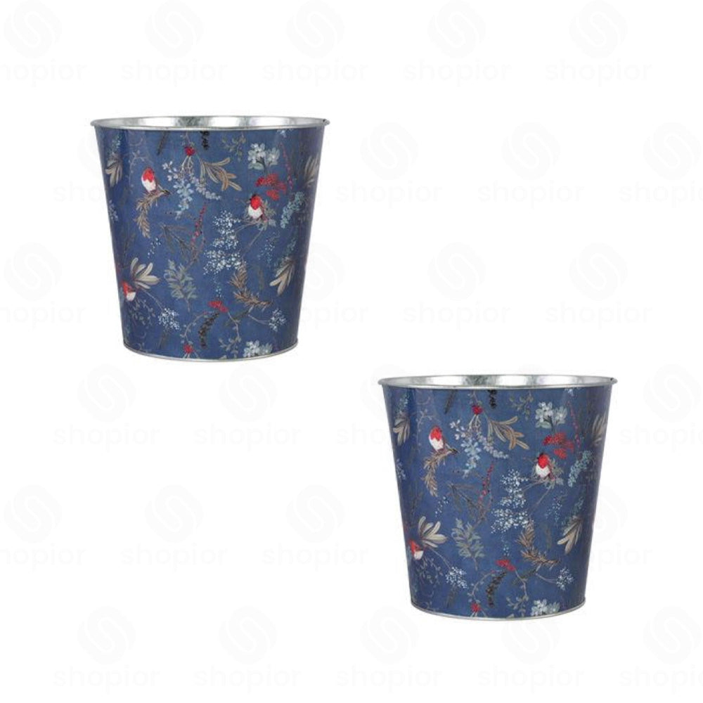Christmas Robin Metal Planter Collection | Tin Pail, Bowl & Trough | White & Blue Xmas Theme