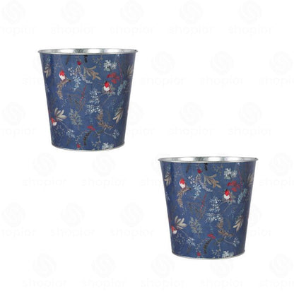 Christmas Robin Metal Planter Collection | Tin Pail, Bowl & Trough | White & Blue Xmas Theme