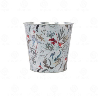 Christmas Robin Metal Planter Collection | Tin Pail, Bowl & Trough | White & Blue Xmas Theme