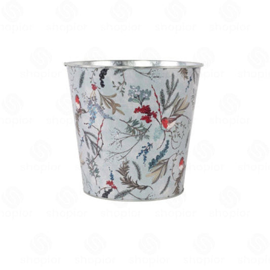 Christmas Robin Metal Planter Collection | Tin Pail, Bowl & Trough | White & Blue Xmas Theme