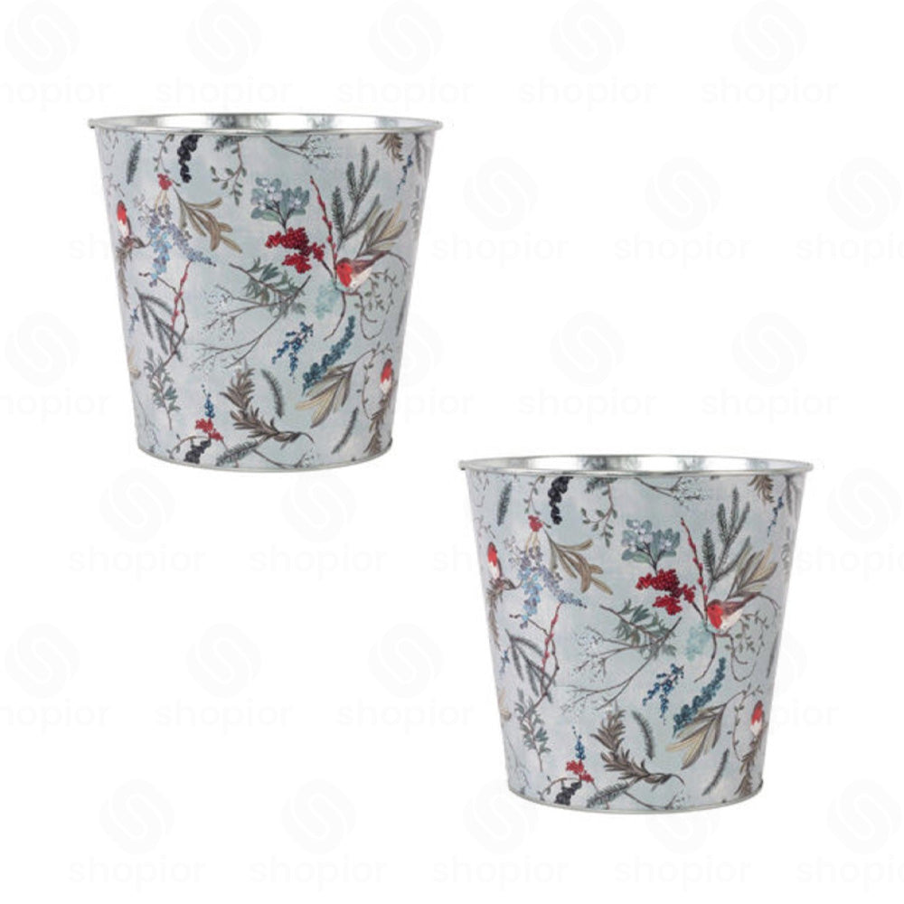 Christmas Robin Metal Planter Collection | Tin Pail, Bowl & Trough | White & Blue Xmas Theme