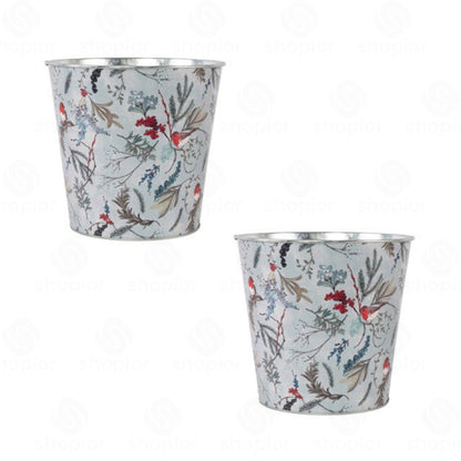 Christmas Robin Metal Planter Collection | Tin Pail, Bowl & Trough | White & Blue Xmas Theme