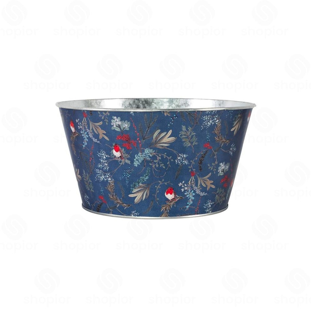 Christmas Robin Metal Planter Collection | Tin Pail, Bowl & Trough | White & Blue Xmas Theme