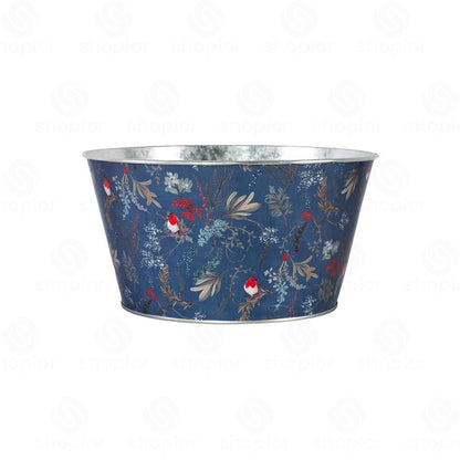 Christmas Robin Metal Planter Collection | Tin Pail, Bowl & Trough | White & Blue Xmas Theme