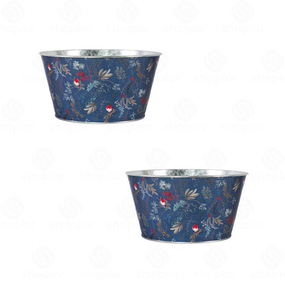 Christmas Robin Metal Planter Collection | Tin Pail, Bowl & Trough | White & Blue Xmas Theme