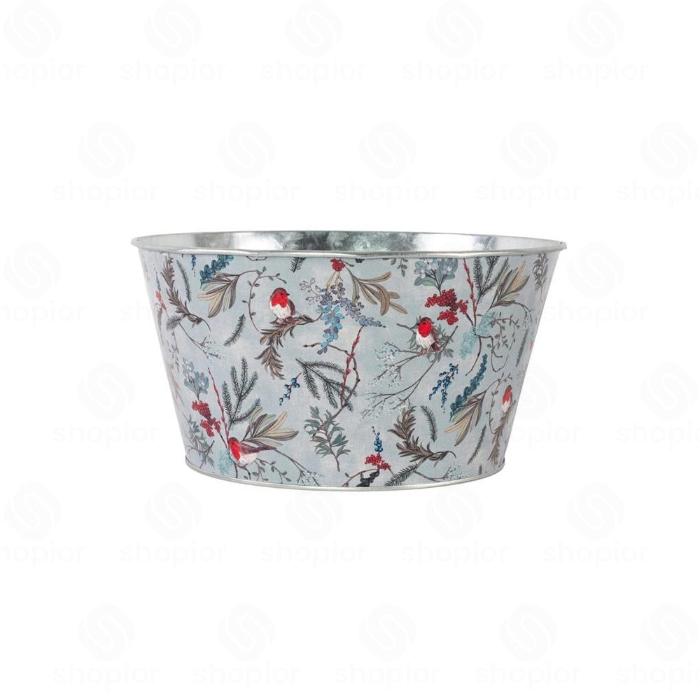 Christmas Robin Metal Planter Collection | Tin Pail, Bowl & Trough | White & Blue Xmas Theme