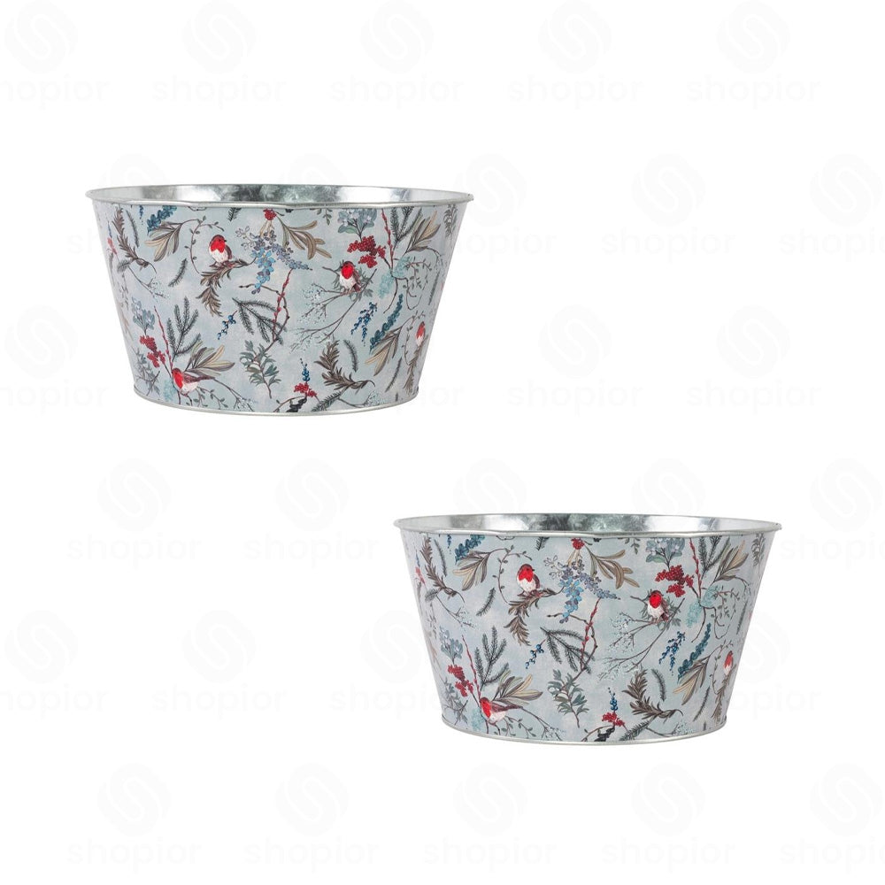 Christmas Robin Metal Planter Collection | Tin Pail, Bowl & Trough | White & Blue Xmas Theme