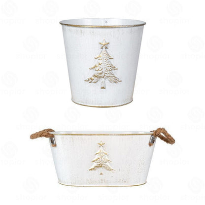 Christmas Metal Planter Collection | White & Gold Embossed Tree Tin Pail  Rustic Holiday Flower Pots