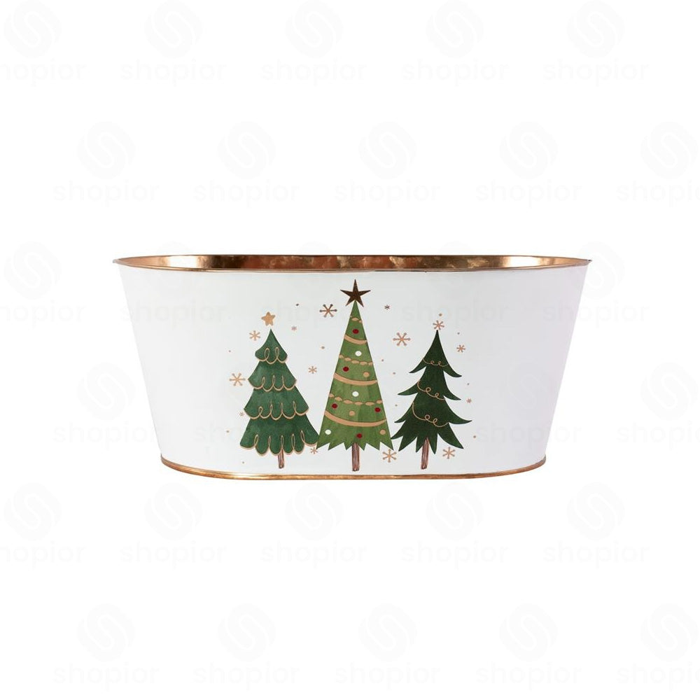 Christmas Tree Metal Planter Bucket with Gold Rim | White Festive Tin Pail, Bowl
