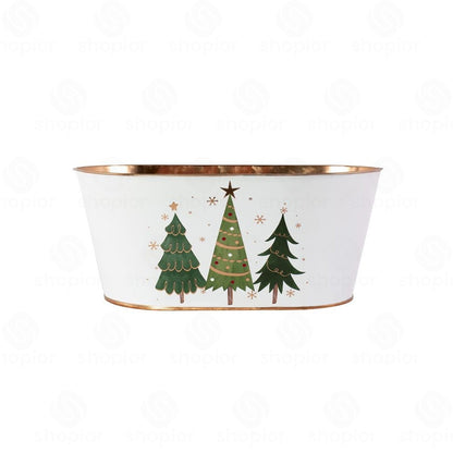 Christmas Tree Metal Planter Bucket with Gold Rim | White Festive Tin Pail, Bowl