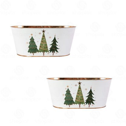 Christmas Tree Metal Planter Bucket with Gold Rim | White Festive Tin Pail, Bowl