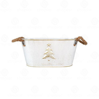 Christmas Metal Planter Collection | White & Gold Embossed Tree Tin Pail  Rustic Holiday Flower Pots
