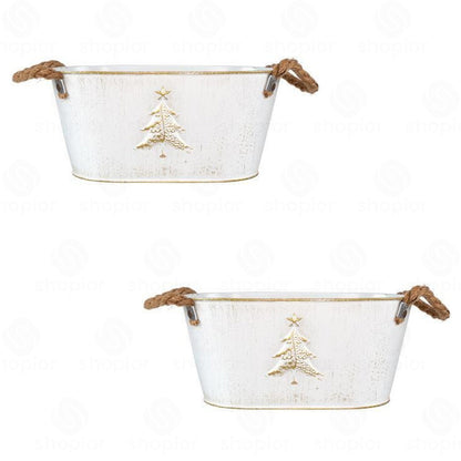 Christmas Metal Planter Collection | White & Gold Embossed Tree Tin Pail  Rustic Holiday Flower Pots