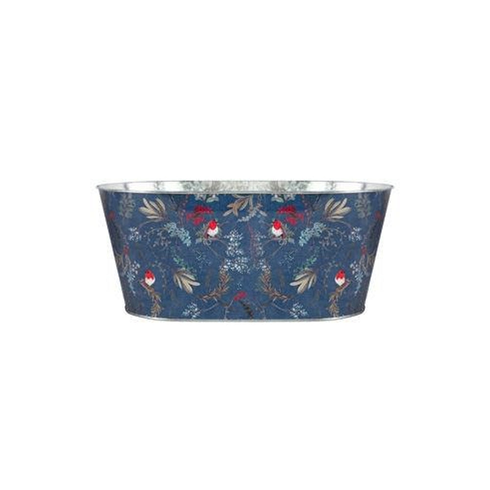 Christmas Robin Metal Planter Collection | Tin Pail, Bowl & Trough | White & Blue Xmas Theme