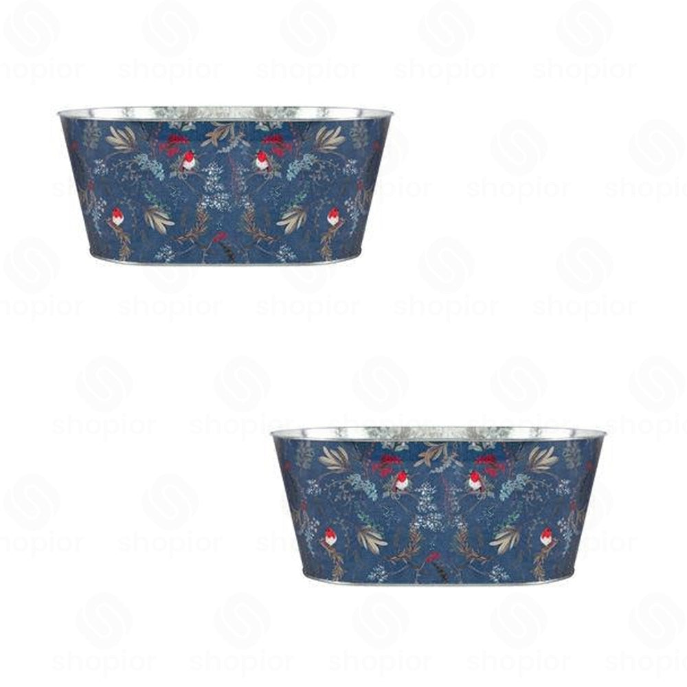Christmas Robin Metal Planter Collection | Tin Pail, Bowl & Trough | White & Blue Xmas Theme