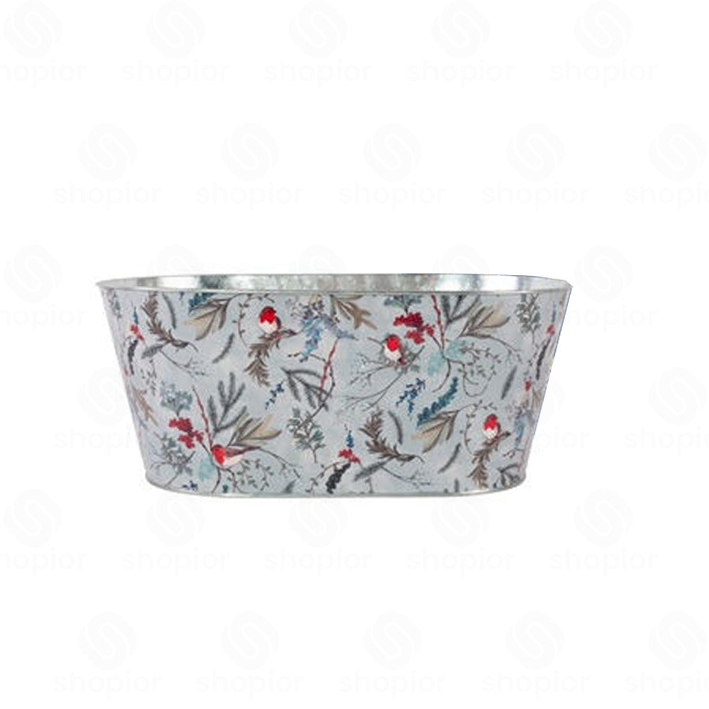 Christmas Robin Metal Planter Collection | Tin Pail, Bowl & Trough | White & Blue Xmas Theme