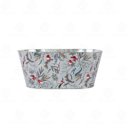 Christmas Robin Metal Planter Collection | Tin Pail, Bowl & Trough | White & Blue Xmas Theme