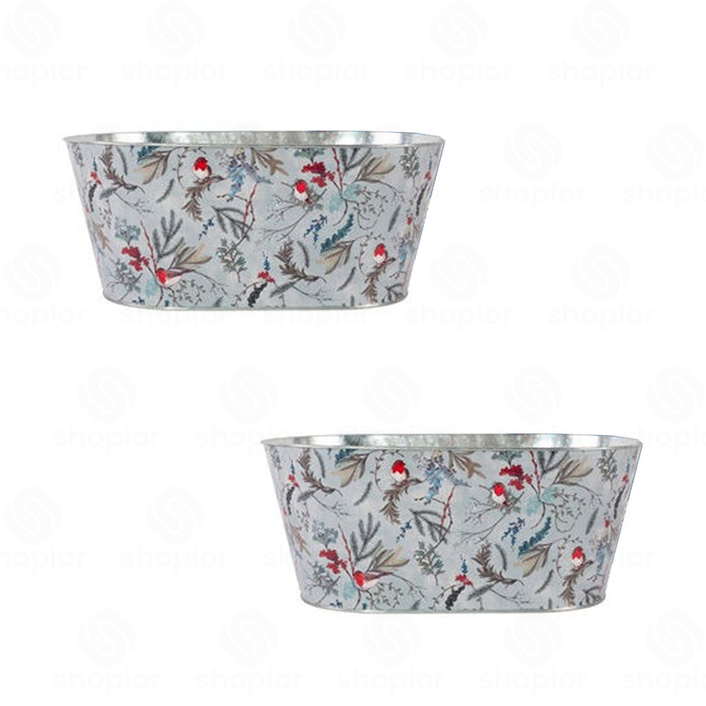 Christmas Robin Metal Planter Collection | Tin Pail, Bowl & Trough | White & Blue Xmas Theme