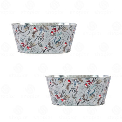 Christmas Robin Metal Planter Collection | Tin Pail, Bowl & Trough | White & Blue Xmas Theme