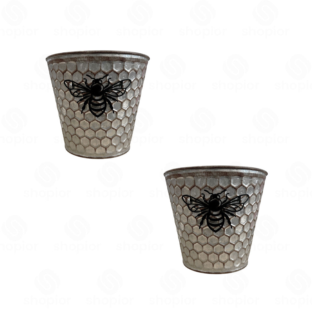Tin Bee Design Planter Collection | Rustic Honeycomb Metal Garden Pots – Pail, Trough & Watering Can