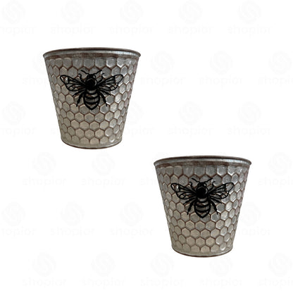 Tin Bee Design Planter Collection | Rustic Honeycomb Metal Garden Pots – Pail, Trough & Watering Can