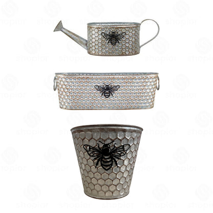 Tin Bee Design Planter Collection | Rustic Honeycomb Metal Garden Pots – Pail, Trough & Watering Can