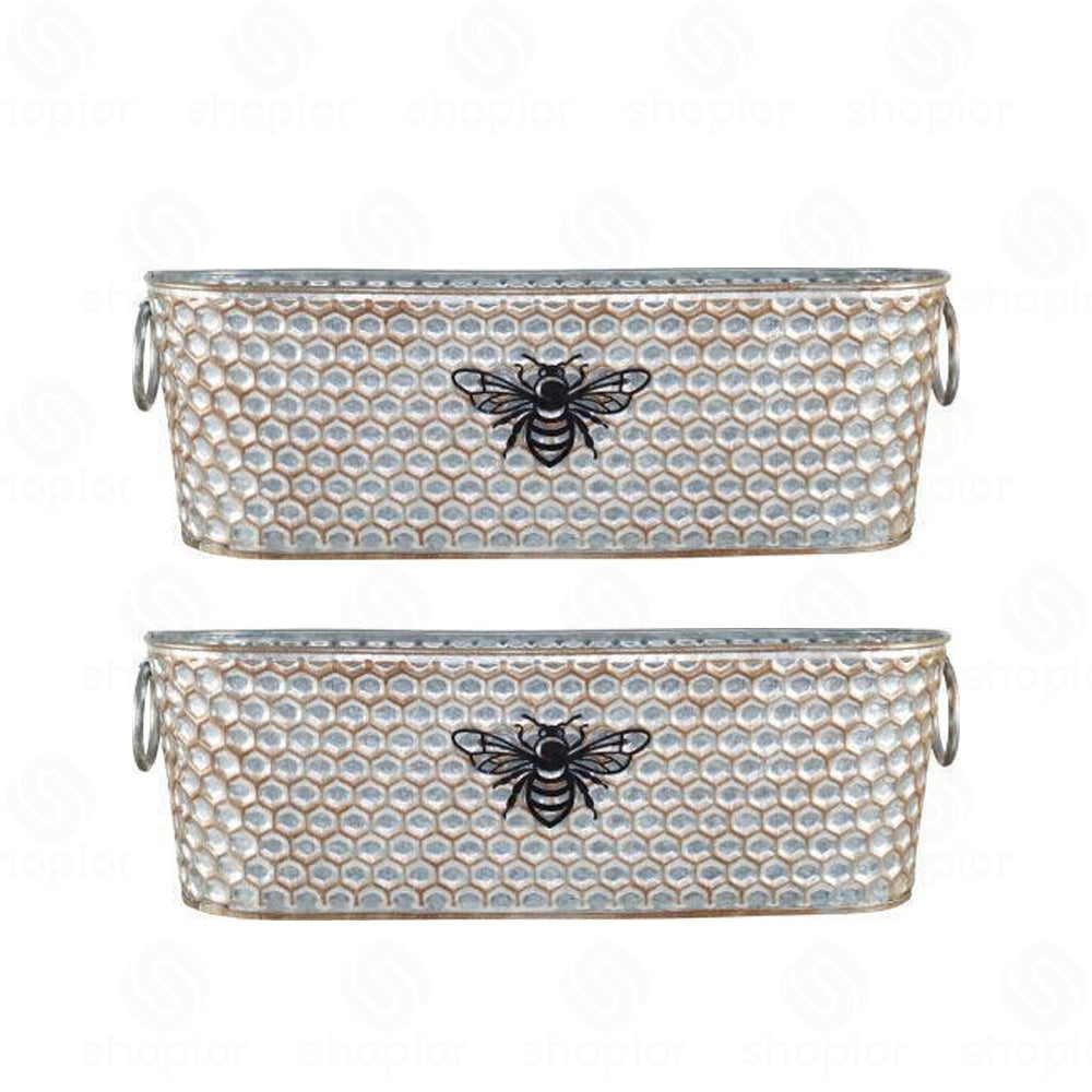Tin Bee Design Planter Collection | Rustic Honeycomb Metal Garden Pots – Pail, Trough & Watering Can
