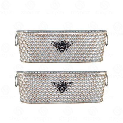 Tin Bee Design Planter Collection | Rustic Honeycomb Metal Garden Pots – Pail, Trough & Watering Can