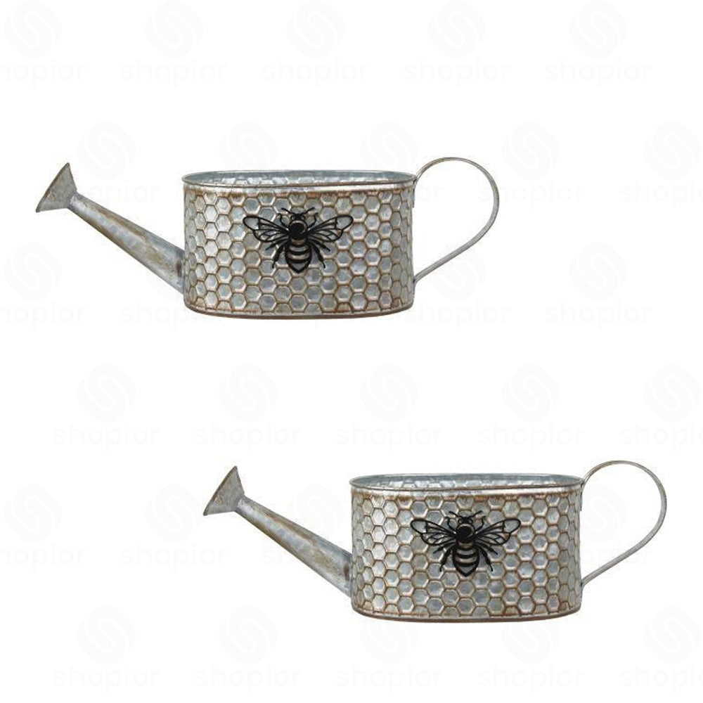Tin Bee Design Planter Collection | Rustic Honeycomb Metal Garden Pots – Pail, Trough & Watering Can