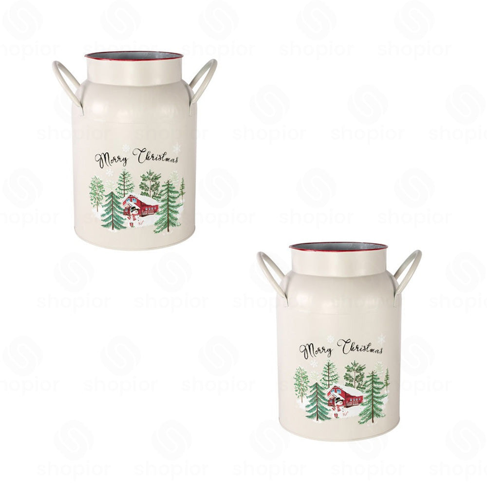 Merry Christmas Metal Planter Collection | Tin Pail with Handle | Snow Scene Xmas Plant Pots