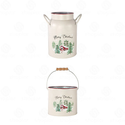 Merry Christmas Metal Planter Collection | Tin Pail with Handle | Snow Scene Xmas Plant Pots