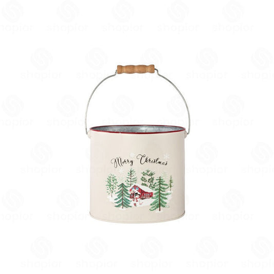Merry Christmas Metal Planter Collection | Tin Pail with Handle | Snow Scene Xmas Plant Pots