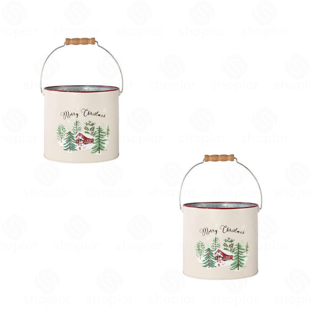 Merry Christmas Metal Planter Collection | Tin Pail with Handle | Snow Scene Xmas Plant Pots