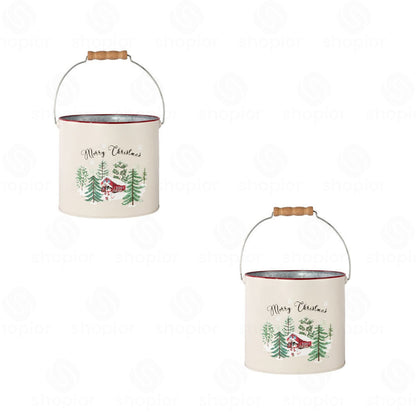 Merry Christmas Metal Planter Collection | Tin Pail with Handle | Snow Scene Xmas Plant Pots
