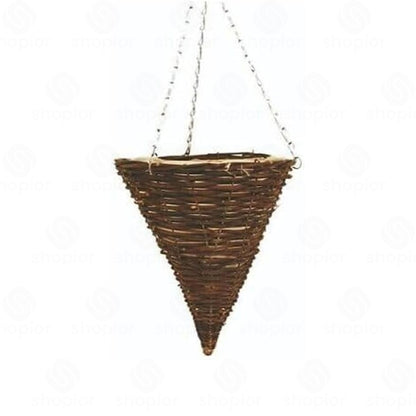 Wicker Basket Planters – Natural Rattan Willow Hanging Flower Pots with Polythene Liner & Metal Chain – Large Decorative Cone Shaped Hanging Planters for Indoor & Outdoor