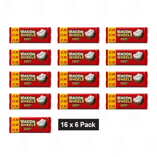 Wagon Wheels Original Chocolate Biscuit Multipacks | Marshmallow & Jam Chocolate Biscuits, 6 Pack x Case of 16
