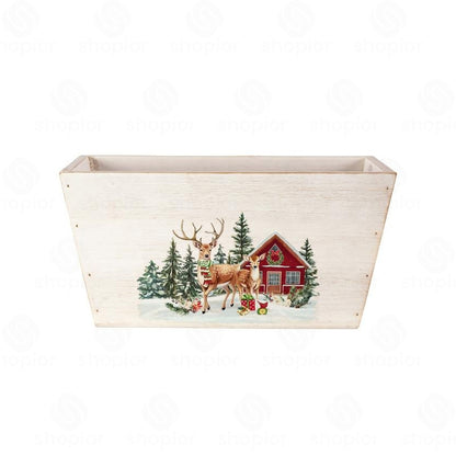 Wooden Christmas Planter Collection | Rustic Bucket & Trough Flower Pots | Christmas Tree & Winter Cabin Holiday Decor