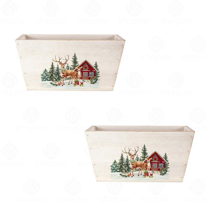 Wooden Christmas Planter Collection | Rustic Bucket & Trough Flower Pots | Christmas Tree & Winter Cabin Holiday Decor