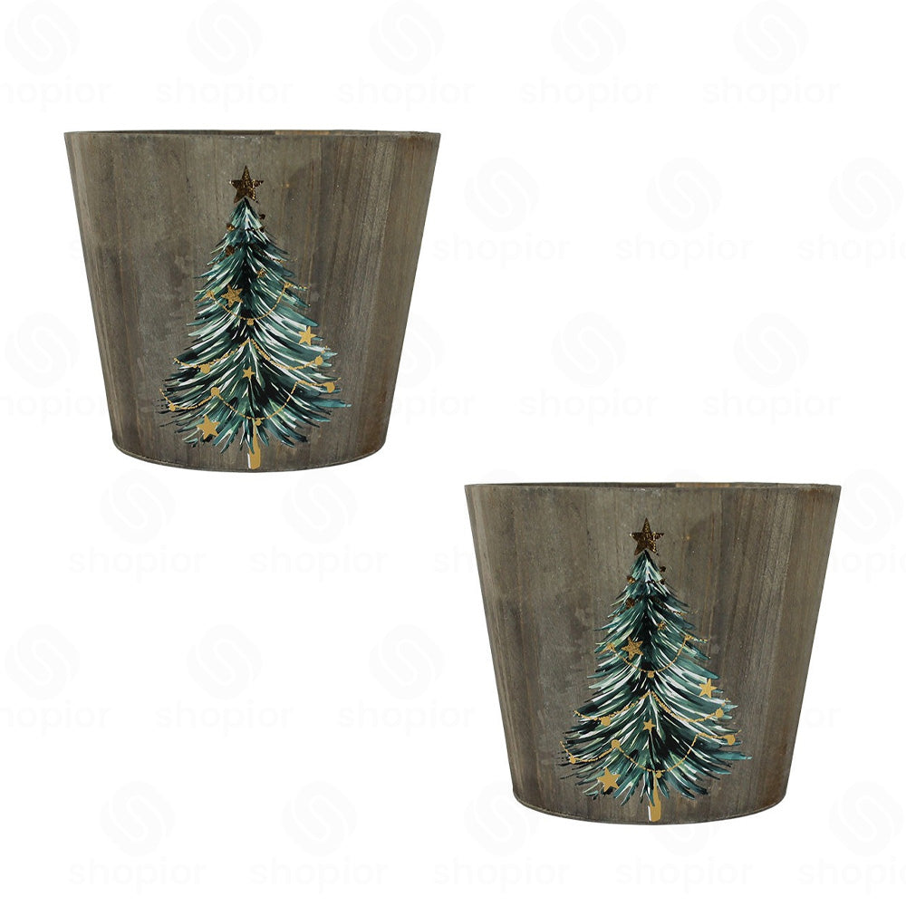 Wooden Christmas Planter Collection | Rustic Bucket & Trough Flower Pots | Christmas Tree & Winter Cabin Holiday Decor